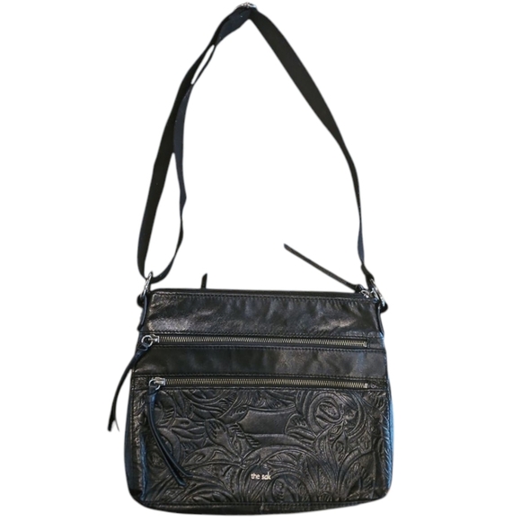 The Sak Black Reseda Multii Zip Embossed Leaf Detail Crossbody Purse 11" x 9" - Picture 2 of 11
